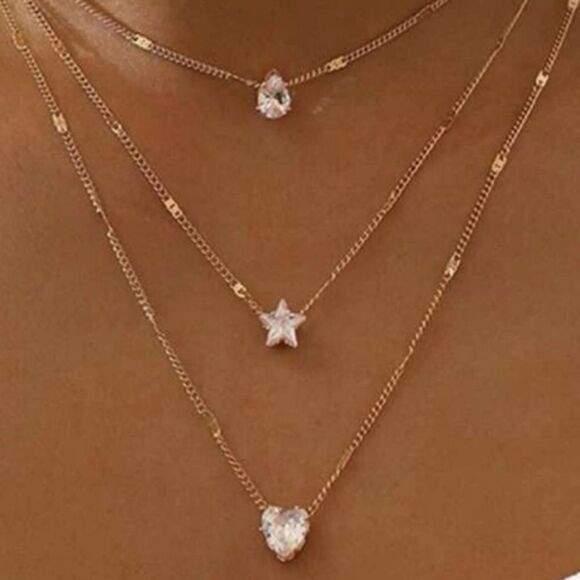 3 for $26 - Rhinestone Heart Star & Water-drop Charm Layered Necklace - Picture 2 of 3